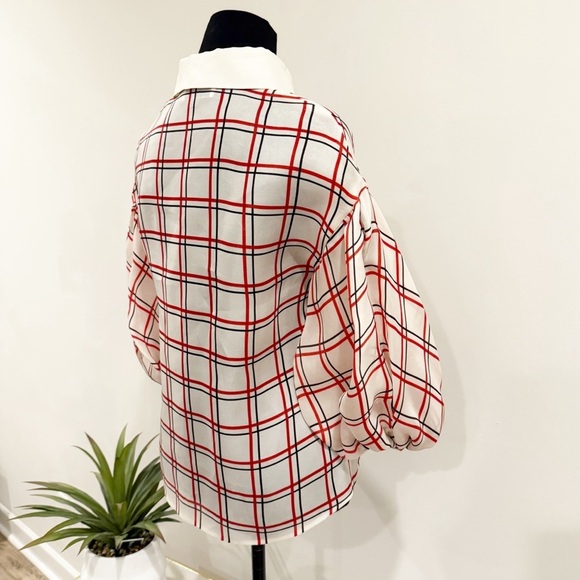 Dice Kayek Plaid Puff-Sleeve Collared Shirt- Red and White size S paid $1000 - Picture 7 of 12